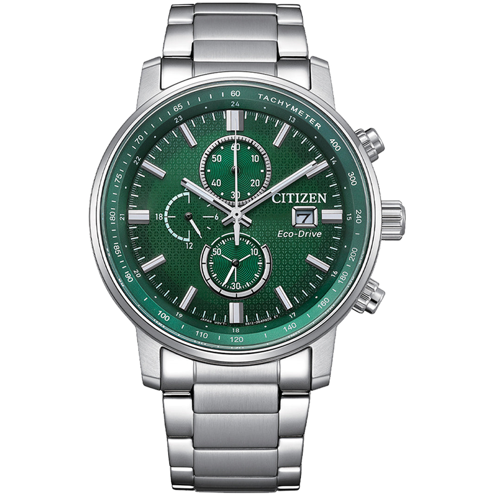 CITIZEN 星辰 亞洲限定款光動能三眼計時錶/綠X銀/43mm/CA0840-87X