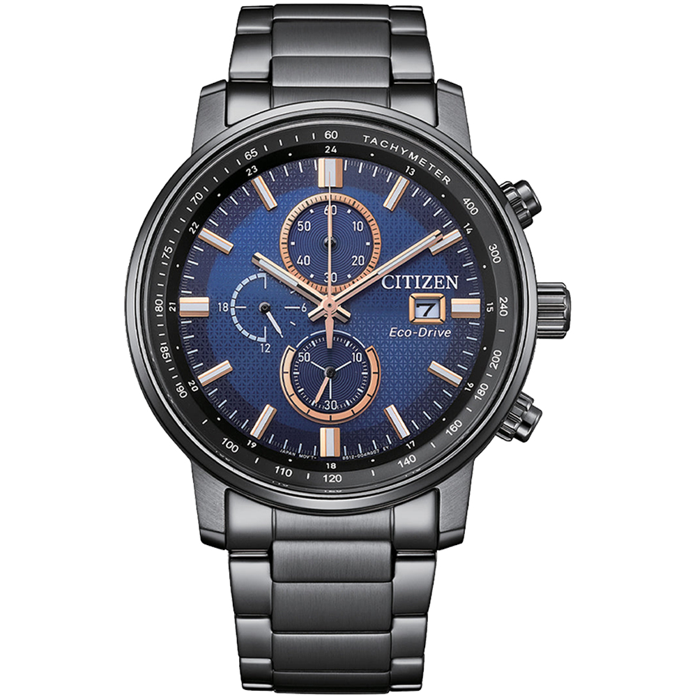 CITIZEN 星辰 亞洲限定款光動能三眼計時錶/藍X黑/43mm/CA0845-83L
