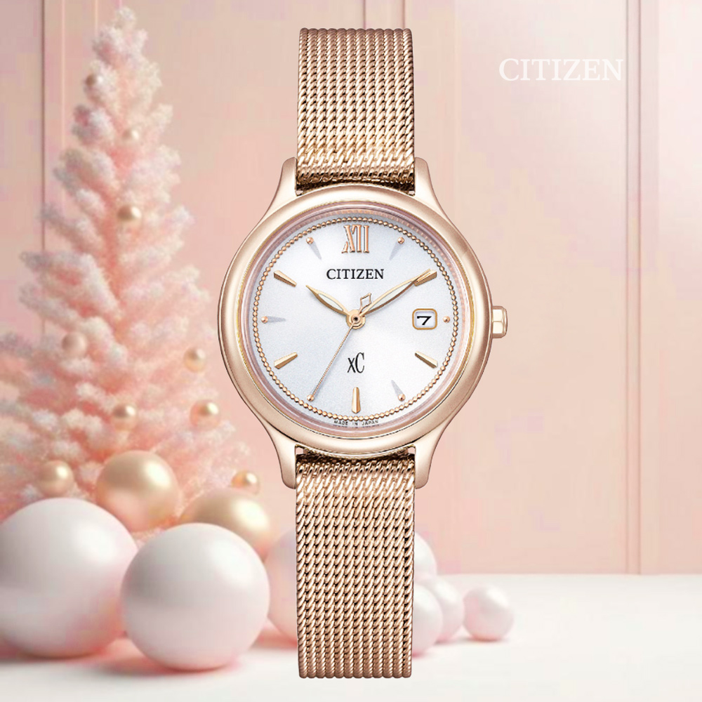 CITIZEN 星辰 xC 亞洲限定款 光動能 櫻花粉紅金米蘭帶腕錶 EW2635-62A