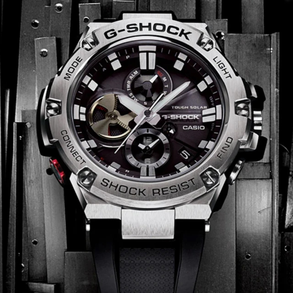 CASIO卡西歐 G-SHOCK 太陽能x藍芽連線 多功能雙顯腕錶 53.8mm / GST-B100-1A