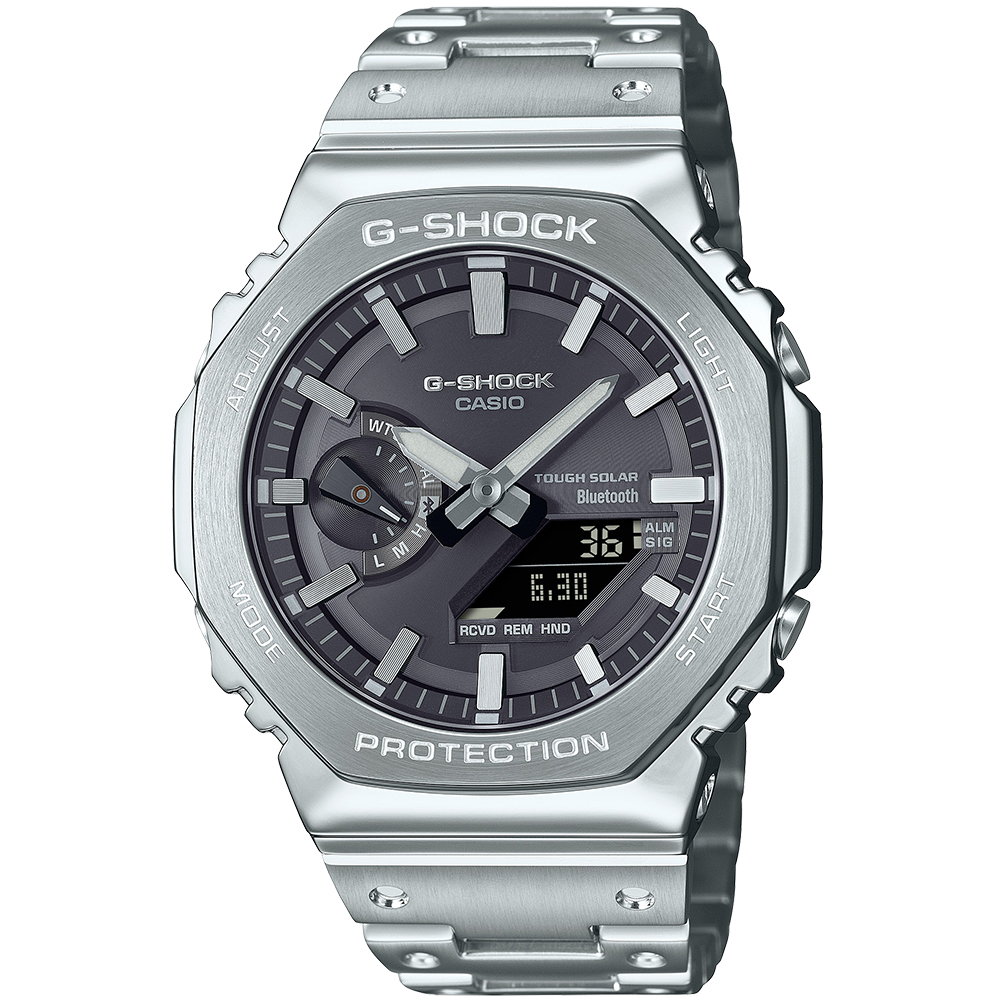 CASIO G-SHOCK 太陽能藍芽全金屬八角造型計時錶/銀/GM-B2100SD-1A