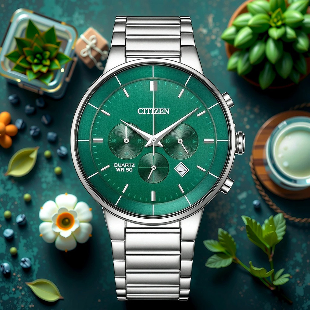 CITIZEN 星辰 Chronograph 紳男計時手錶-銀x綠/42mm(AN8220-52X)
