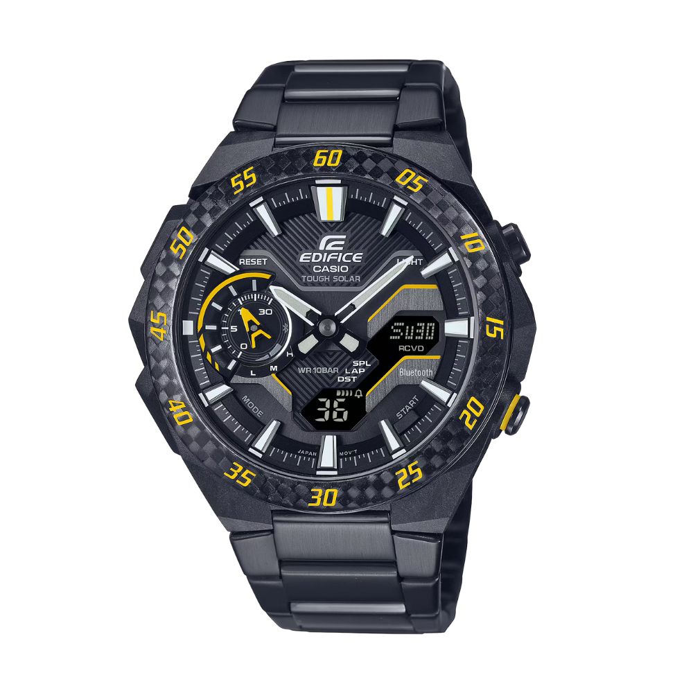 【CASIO 卡西歐】EDIFICE 藍芽 太陽能電力 黑x黃 俐落輕巧 碳纖維 賽車運動 ECB-2200RC-1A9 48.2mm