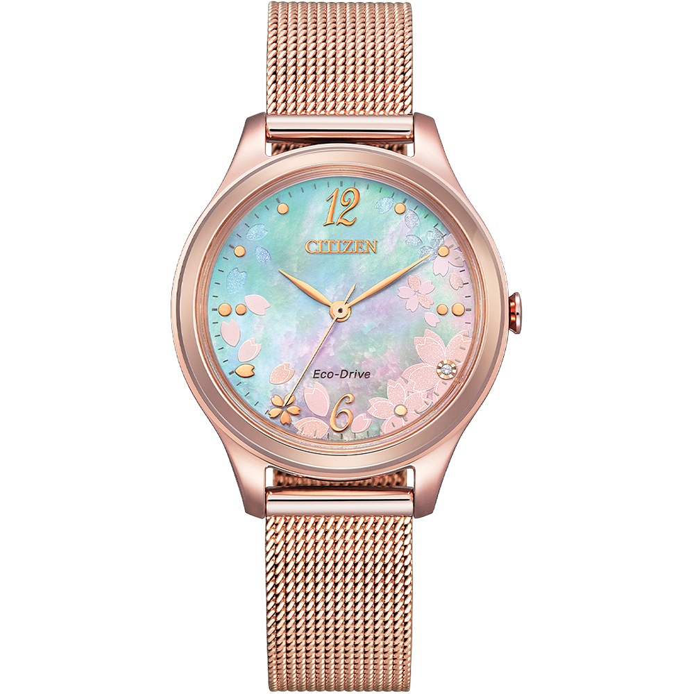 CITIZEN 星辰 櫻花限定款光動能粉蝶貝米蘭風採時尚女錶/粉紅金/32mm/EM0508-80D