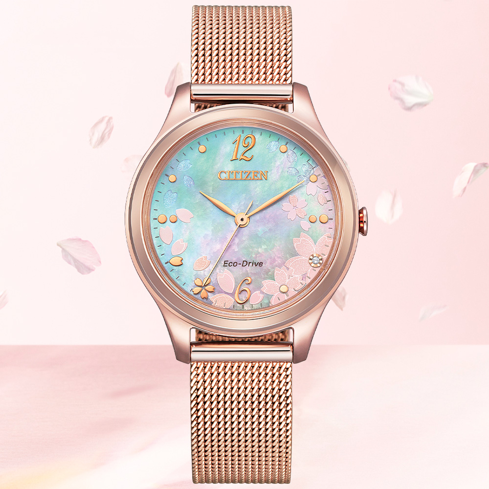 CITIZEN星辰 LADYS系列 櫻花 光動能 米蘭帶腕錶 32mm / EM0508-80D