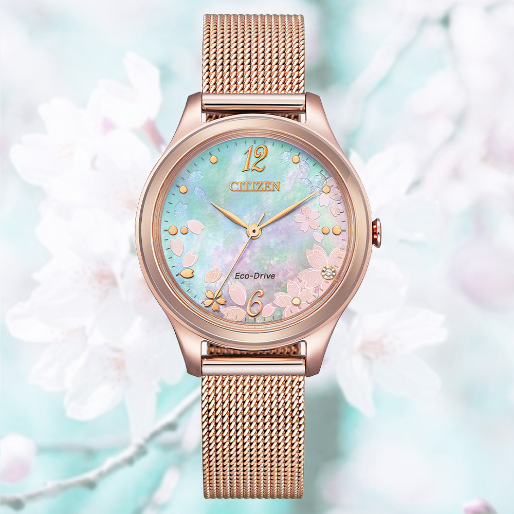 CITIZEN 星辰 LADYS 光動能 櫻花白蝶貝 米蘭帶女錶 EM0508-80D