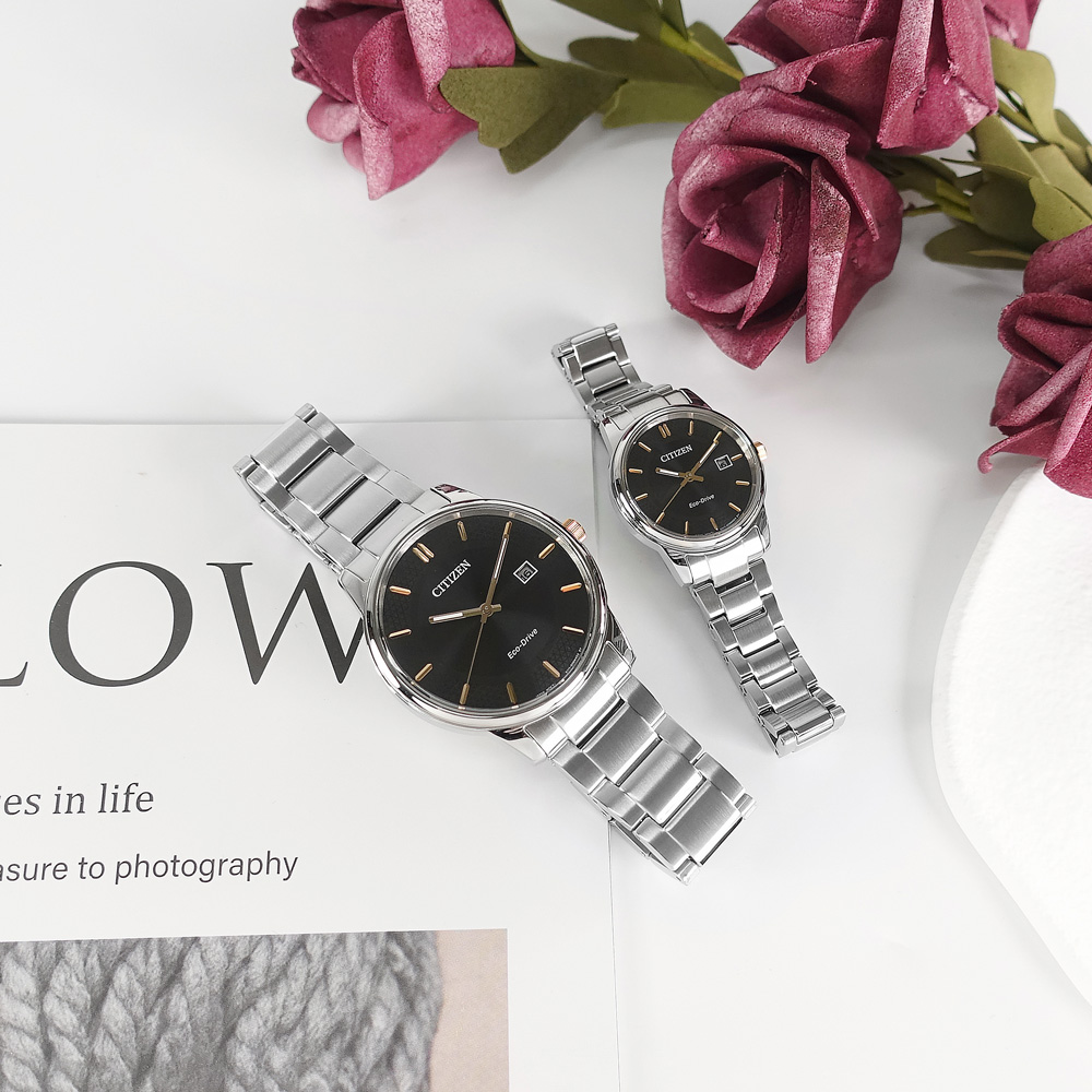 CITIZEN 星辰錶 / BM6977-70E.EW2317-76E / 光動能 藍寶石水晶玻璃 情人對錶 黑色 40mm+27mm
