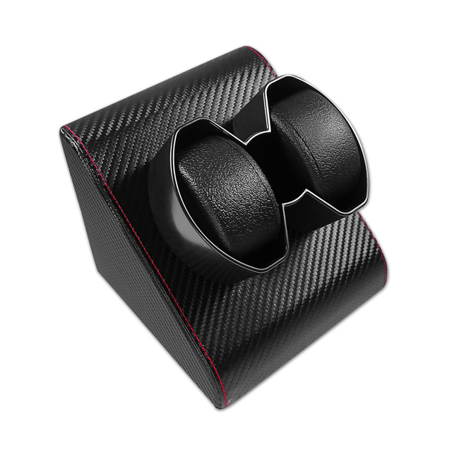 機械錶自動上鍊盒 1旋2入錶座轉動 無蓋 高質感碳纖維 - 黑色 #T2