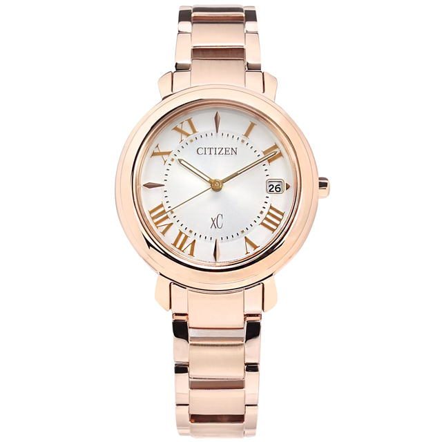 CITIZEN / EO1202-57A / XC 光動能 羅馬刻度 日期 不鏽鋼手錶 銀白x鍍玫瑰金 33mm