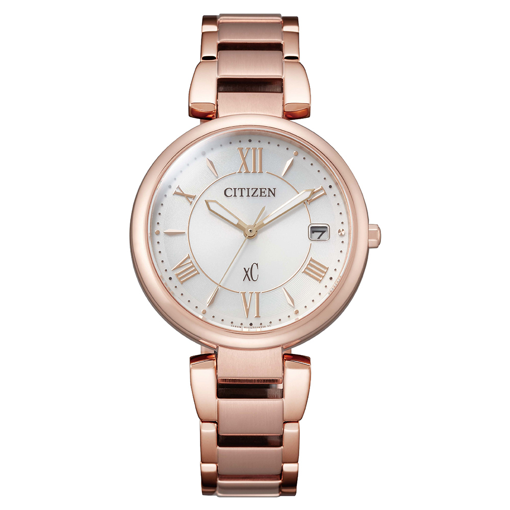 【CITIZEN】星辰 xC 亞洲限定 EO1192-59A 羅馬字 鋼錶帶 光動能女錶 33mm 玫瑰金/白