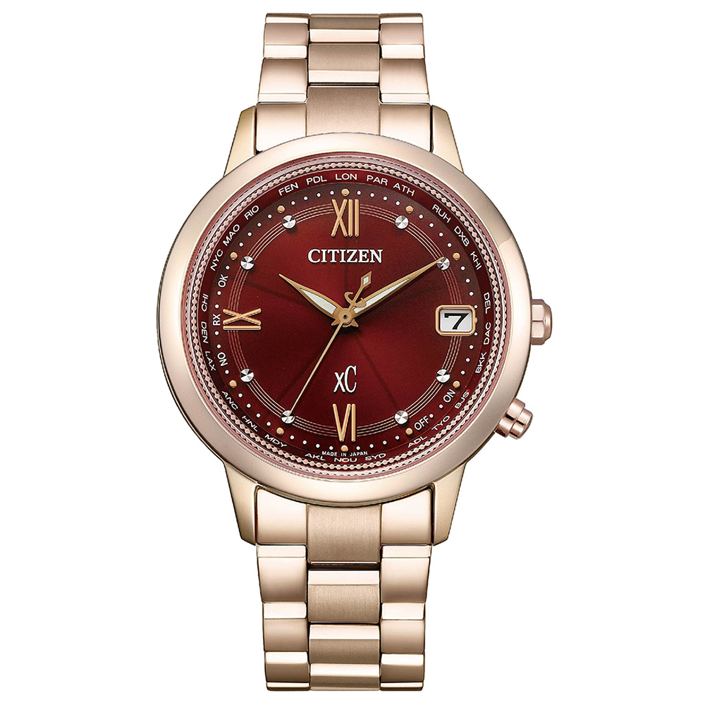 CITIZEN XC廣告款經典紅色魅力光動能電波對時鈦金屬不鏽鋼帶女錶36mm(CB1136-50W)現貨