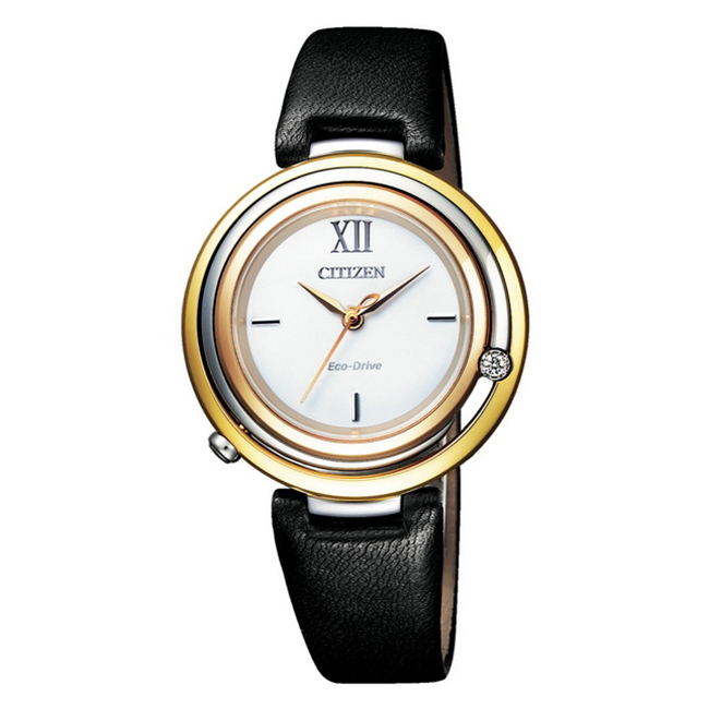 【CITIZEN】星辰 L系列 典雅真鑽 皮革錶帶 光動能女錶 EM0656-15A 金/黑 32mm
