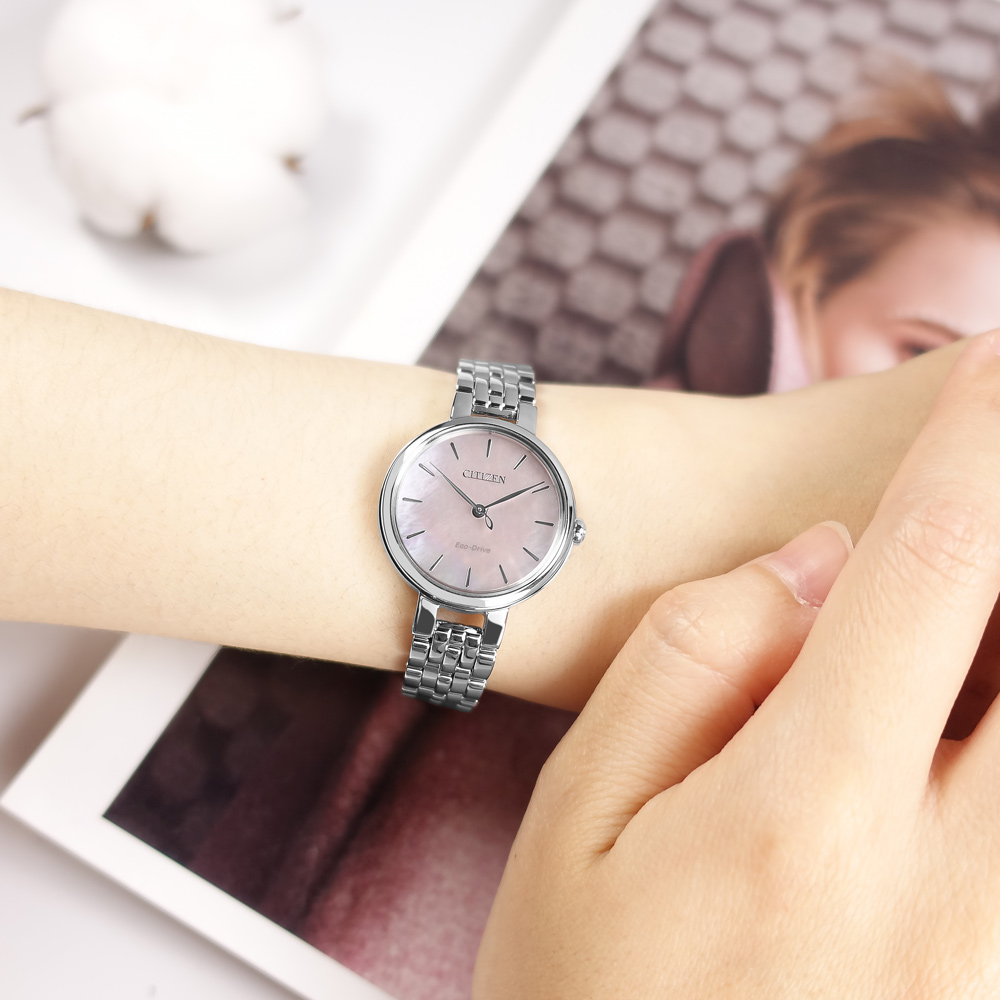 CITIZEN / EM0990-81Y / L 光動能 珍珠母貝 藍寶石水晶玻璃 不鏽鋼手錶 粉色 28mm