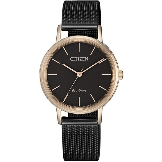 【CITIZEN】星辰 Eco-Drive 簡約風 米蘭錶帶 光動能女錶 EM0577-87E 金/黑 30mm
