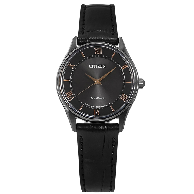 CITIZEN / EM0406-12E / 光動能 小巧典雅 羅馬刻度 壓紋真皮手錶 黑x灰框 27mm