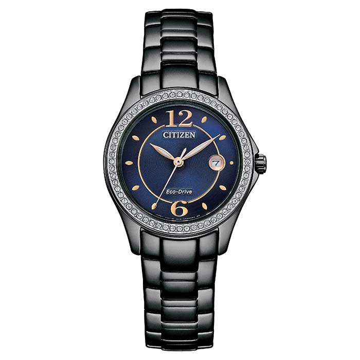 【CITIZEN】星辰 Eco-Drive 典雅晶鑽 鋼錶帶 日期 光動能女錶 FE1255-84L 藍/黑 29mm