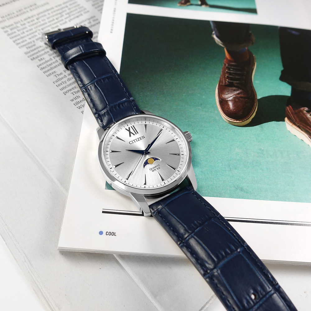 CITIZEN / AK5000-03A / 月相錶 優雅紳士 礦石強化玻璃 真皮壓紋手錶 銀x藍 42mm