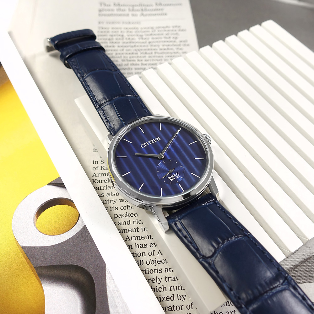 CITIZEN / BE9170-05L / 獨立小秒針 礦石強化玻璃 壓紋真皮手錶 藍x銀框 39mm