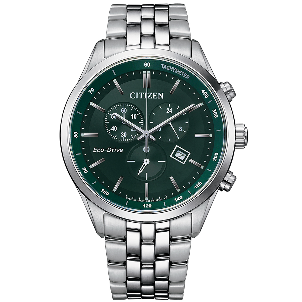 CITIZEN星辰GENTS領袖王Wilson光動能不鏽鋼帶錶款-綠色AT2149-85X