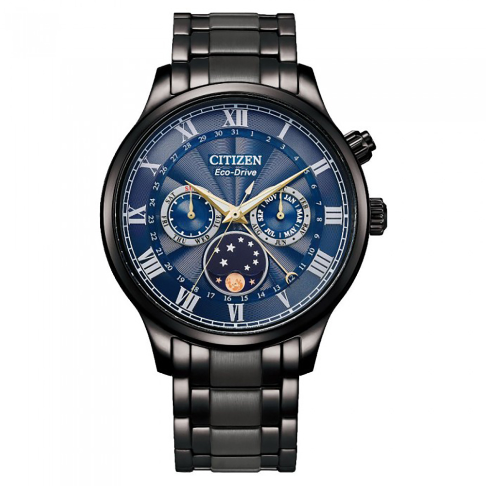 CITIZEN星辰GENTS經典月相盈虧藍寶石光動能黑鋼帶男錶-月相錶42mm(AP1055-87L)藍黑鋼