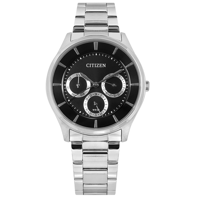 CITIZEN / AG8350-54E / 簡約三眼 薄型 星期日期 礦石強化玻璃 不鏽鋼手錶 黑色 39mm