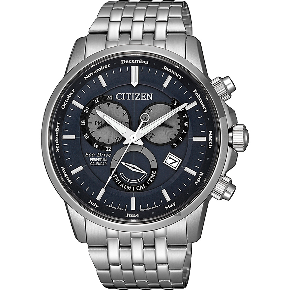 CITIZEN 星辰 光動能萬年曆手錶-灰藍x銀/42mm BL8150-86L