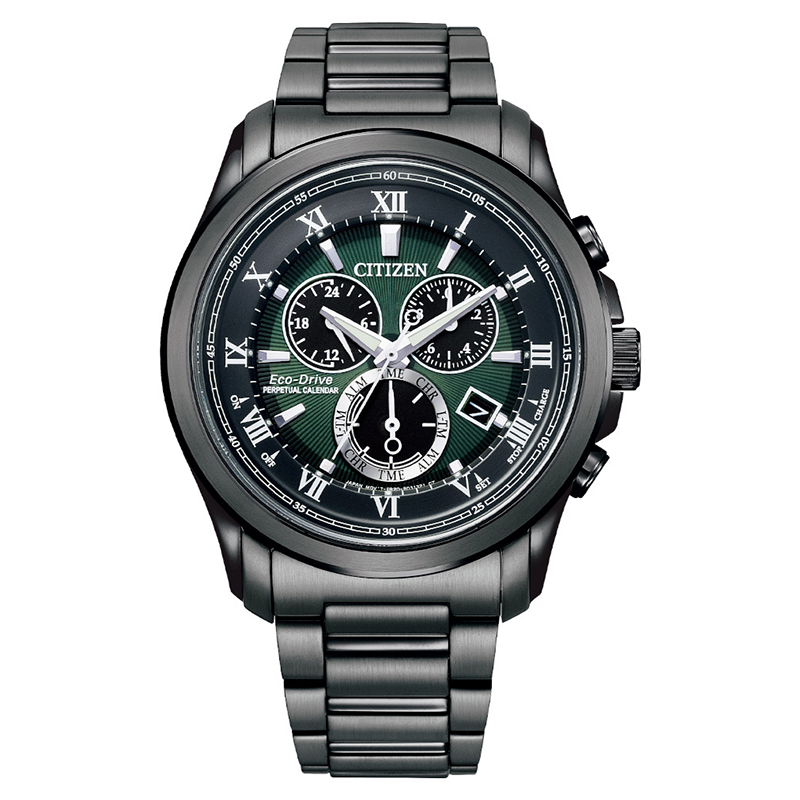 【CITIZEN】星辰 BL5547-89X 羅馬字 萬年曆 鋼錶帶 光動能 三眼計時男錶 黑/綠 43mm