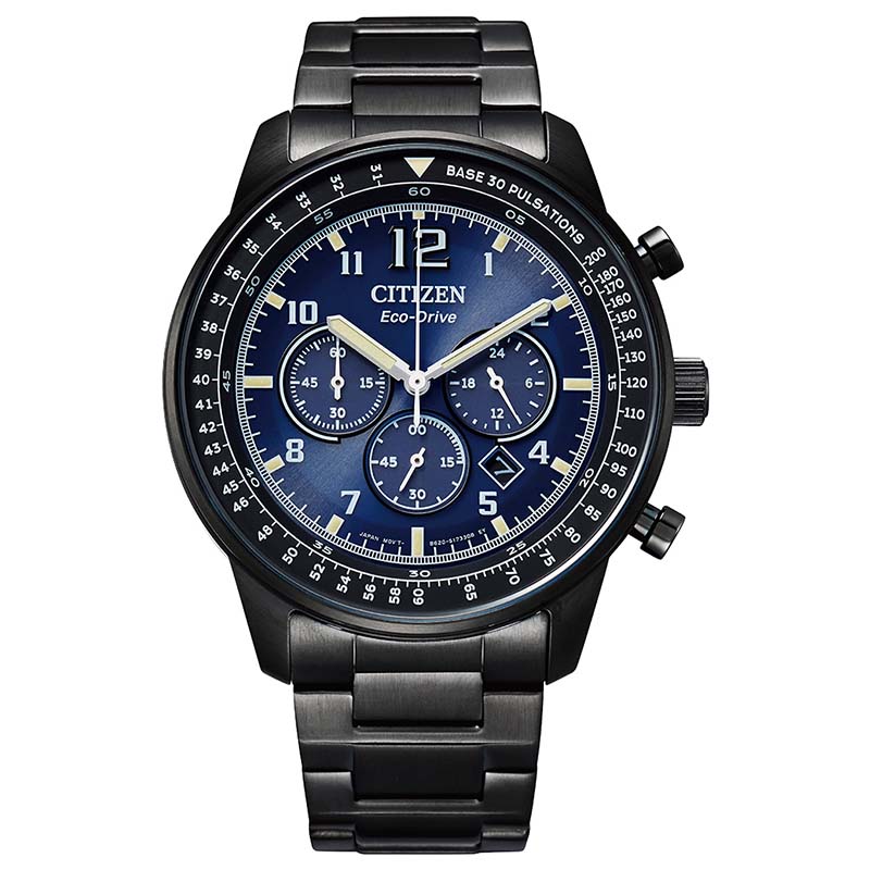 【CITIZEN】CA4505-80M 光動能 鋼錶帶 三眼計時男錶 飛行錶 深藍/黑 44mm 亞洲限定款