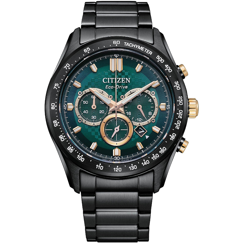 CITIZEN 星辰 亞洲限定款光動能三眼計時腕錶/綠X黑/43mm/CA4536-86X