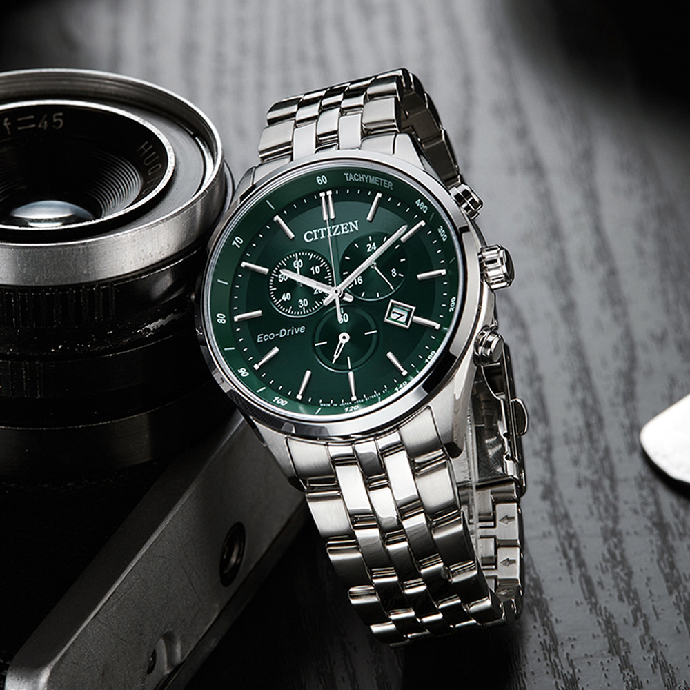 CITIZEN 星辰 光動能復古風計時手錶-銀x紳士綠 AT2149-85X