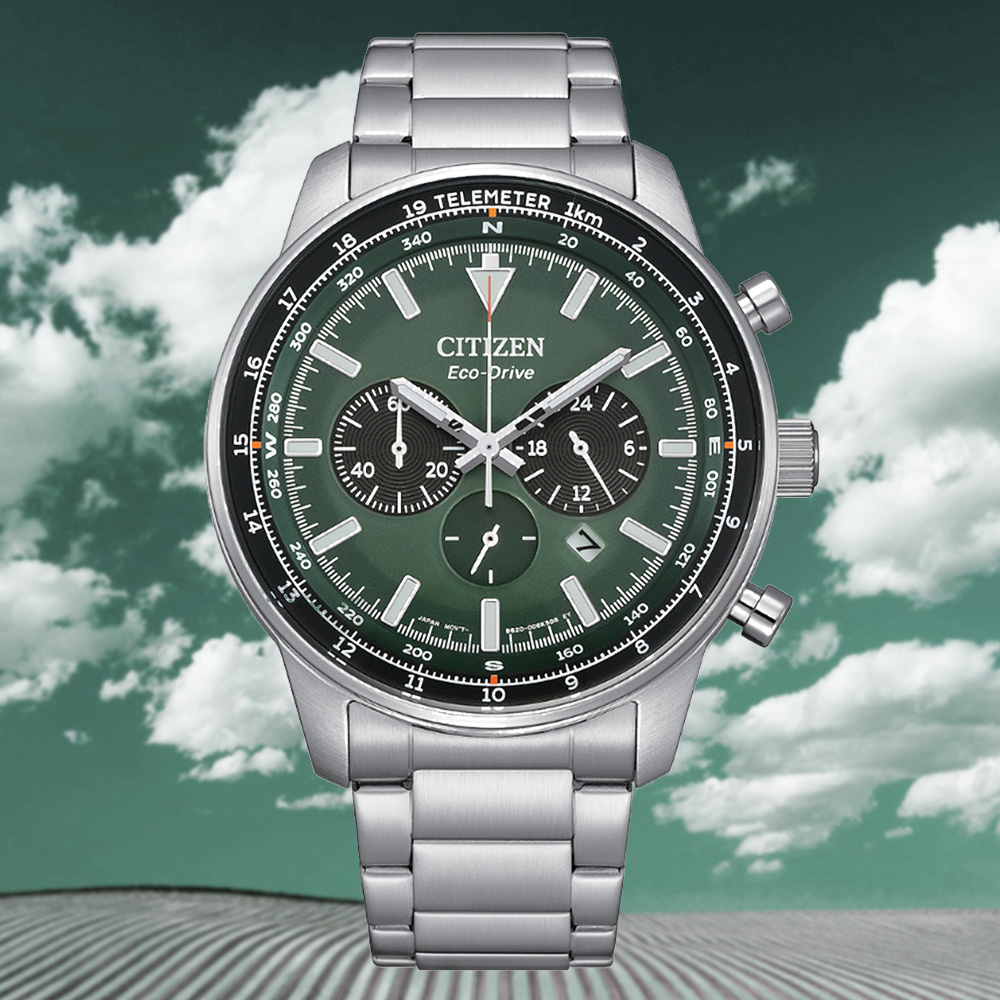 CITIZEN 星辰 Chronograph 光動能 碼錶計時三眼大錶徑腕錶-綠 CA4500-91X