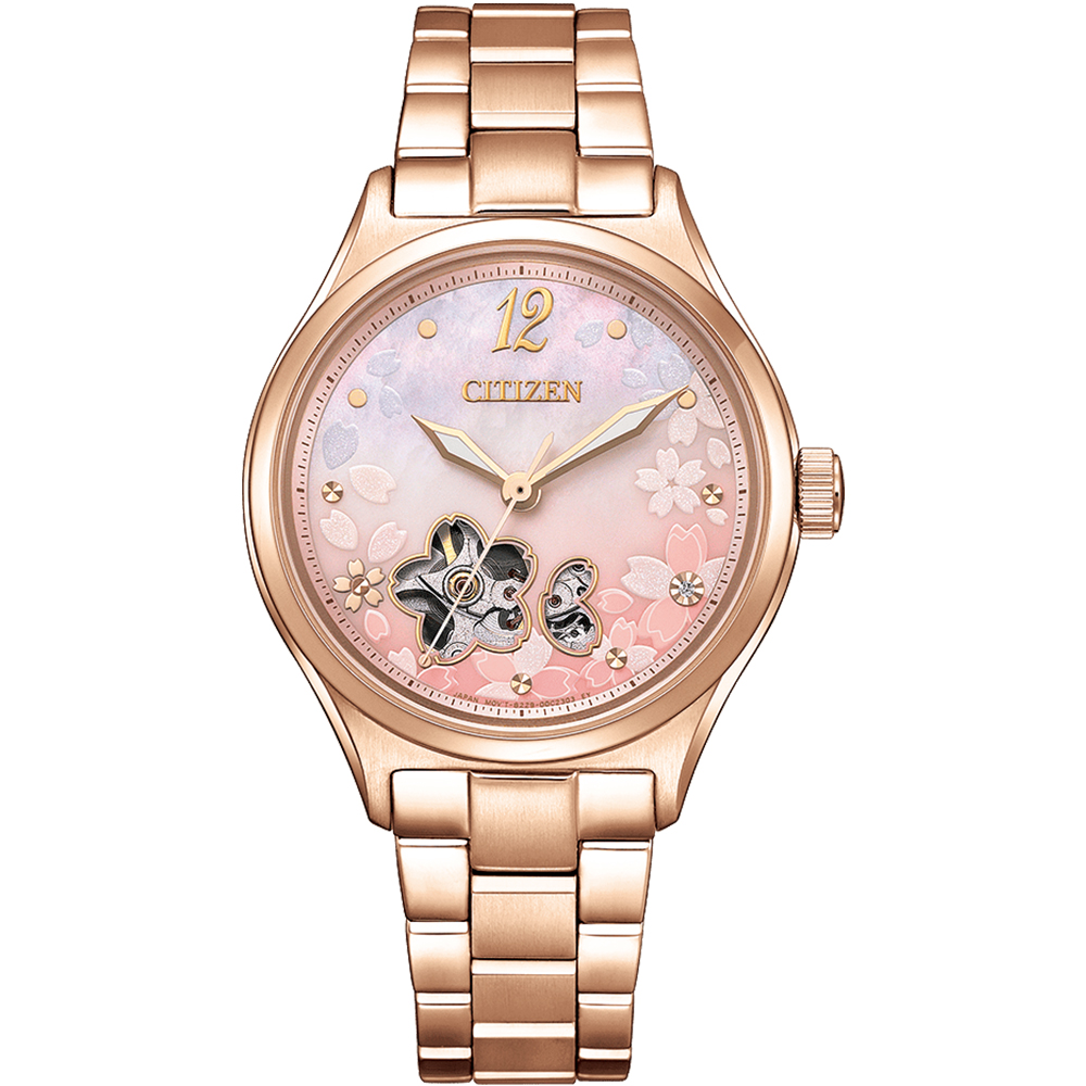 CITIZEN 星辰 限量款粉蝶貝櫻花鏤空機械錶/34mm/PC1017-88Y