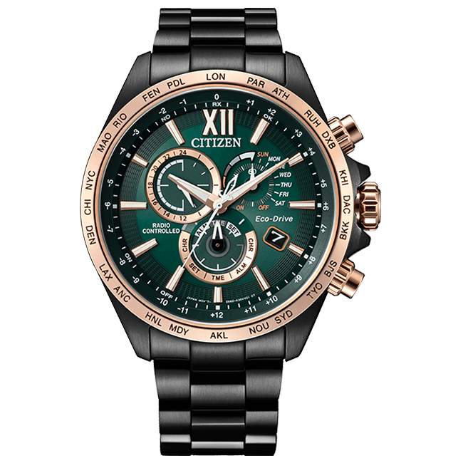 【CITIZEN】星辰 CB5956-89X 代言廣告款 電波萬年曆 鋼錶帶 光動能三眼男錶 黑/綠 45mm