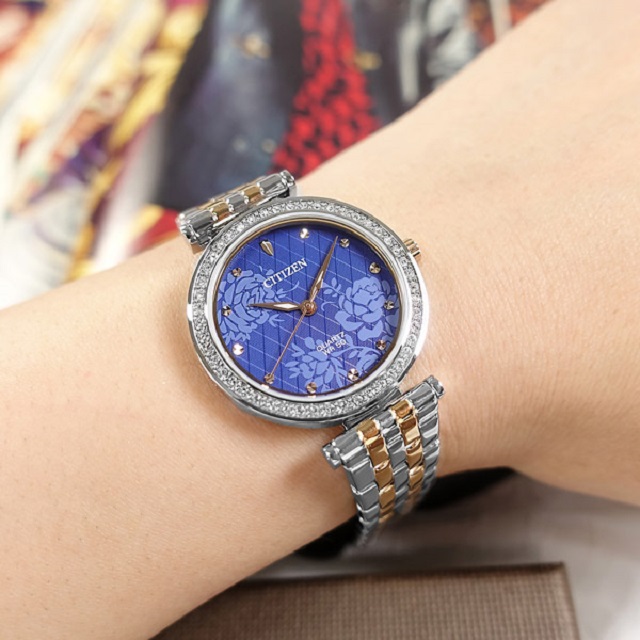 CITIZEN / ER0218-53L / 花樣風采 耀眼晶鑽 礦石強化玻璃 不鏽鋼手錶 藍x鍍玫瑰金 30mm