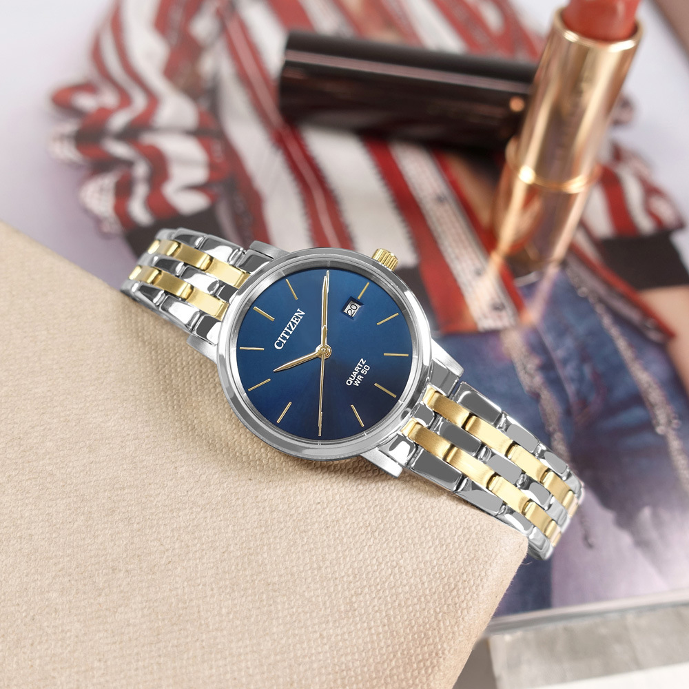 CITIZEN / EU6096-58L / 簡約優雅 礦石強化玻璃 日期 不鏽鋼手錶 藍x鍍金 28mm