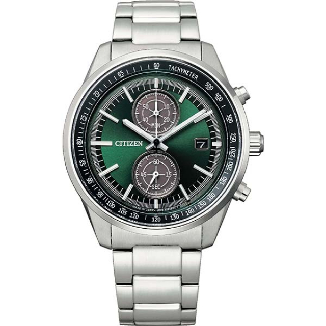 【CITIZEN】限量款 星辰 鋼錶帶 光動能 計時男錶錶 CA7030-97W 綠/銀 41mm