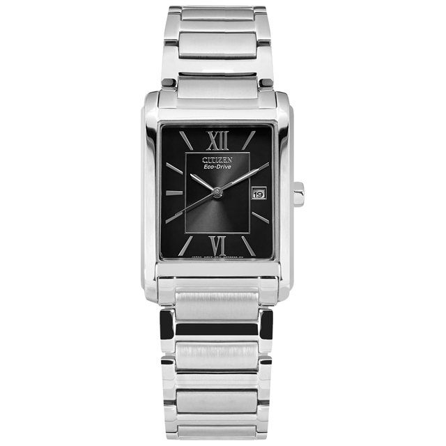CITIZEN / FRA59-2431 / 光動能 復古方型 羅馬刻度 日期 不鏽鋼手錶 黑色 26mm