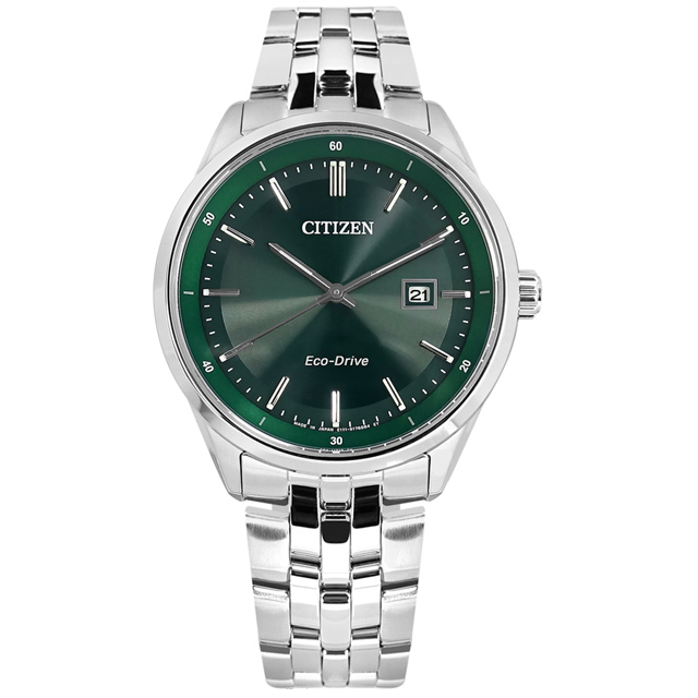 CITIZEN / BM7569-89X / 光動能 簡約時尚 日期 藍寶石水晶玻璃 防水 不鏽鋼手錶 綠色 41mm