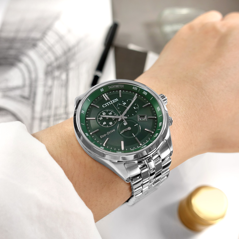 CITIZEN / AT2149-85X / 光動能 三眼計時 日期 藍寶石水晶玻璃 防水 不鏽鋼手錶 綠色 42mm