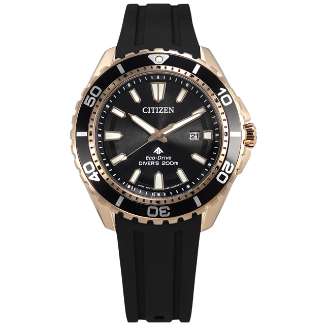 CITIZEN / BN0193-17E / PROMASTER 光動能 潛水錶 防水 日期 橡膠手錶 黑x玫瑰金框 44mm