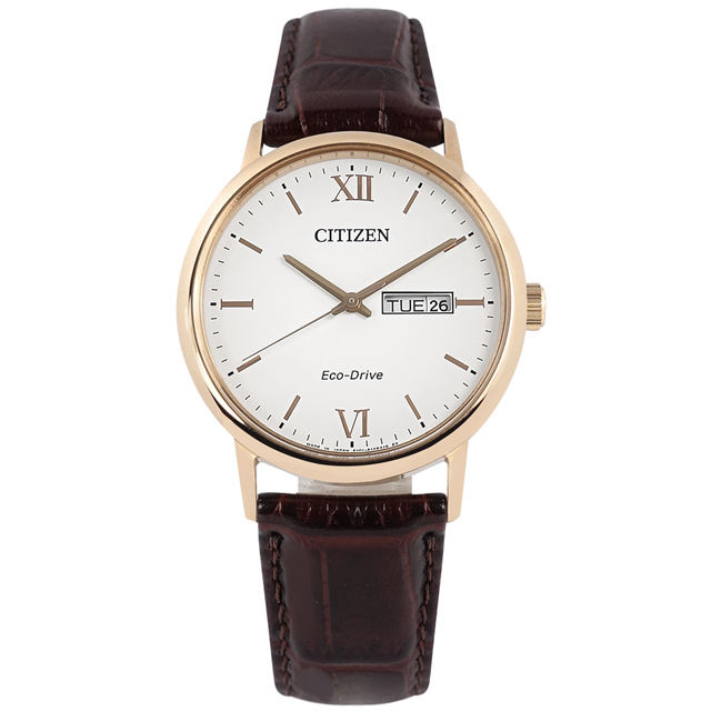 CITIZEN / BM9012-02A / 光動能 星期日期 壓紋小牛皮手錶 白x玫瑰金框x深褐 37mm