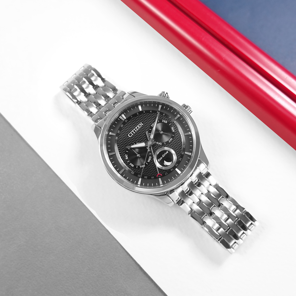 CITIZEN / AP1050-56E / 光動能 月相錶 藍寶石水晶玻璃 星期日期 不鏽鋼手錶 黑色 42mm