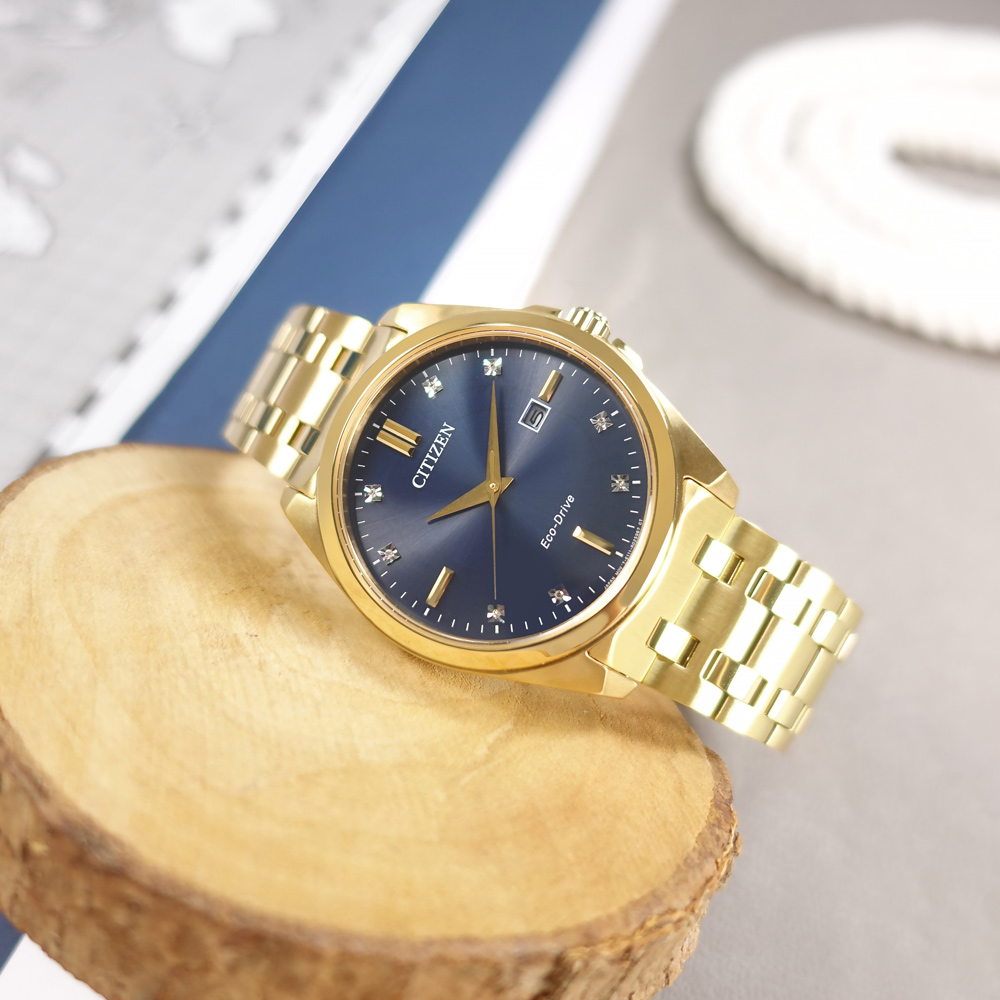 CITIZEN / BM7103-51L / 光動能 藍寶石水晶玻璃 晶鑽 防水100米 不鏽鋼手錶 藍x鍍金 41mm