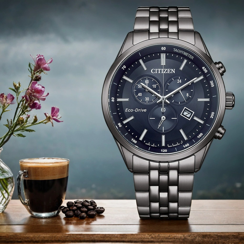 CITIZEN 星辰 亞洲限定款 海軍藍 光動能三眼計時手錶-42mm AT2577-57L
