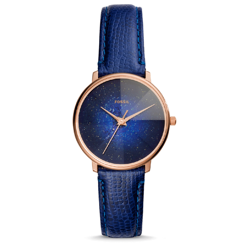 FOSSIL 星彩稜鏡光壓紋皮革石英腕錶(ES4729)-藍/33mm