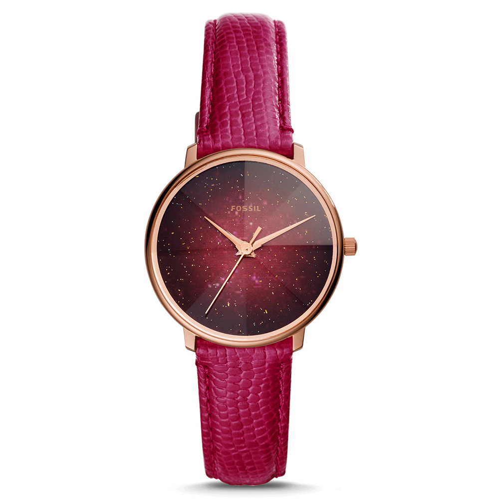 FOSSIL 星彩稜鏡光壓紋皮革石英腕錶(ES4731)-桃紅/33mm