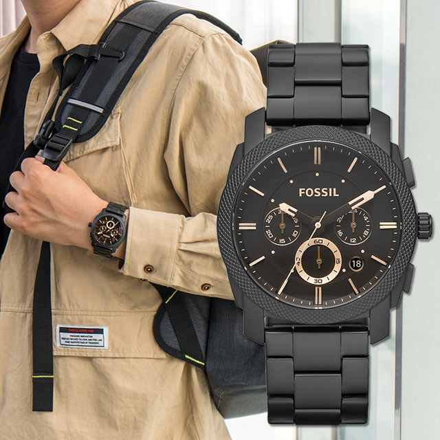 【FOSSIL】公司貨 Machine 鋼鐵復古時尚三眼計時不鏽鋼腕錶/黑x咖啡面 男錶 (FS4682)