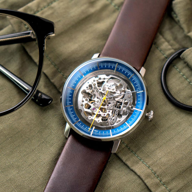 【FOSSIL】公司貨 Chase 美式復古鏤空機械皮革腕錶/咖啡x藍圈 男錶 (ME3162)