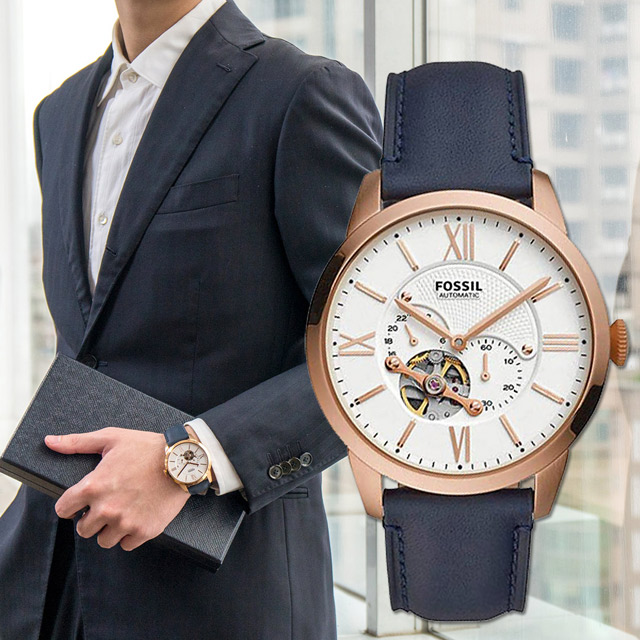 【FOSSIL】公司貨 Townsman 英倫商務鏤空機械皮革腕錶/藍x金框 男錶 (ME3171)