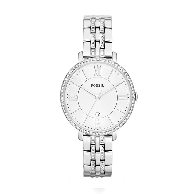 【Fossil】Jacqueline羅馬時標晶鑽時尚鋼帶腕錶-晶鑽銀/ES3545